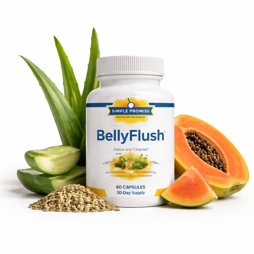BellyFlush supplement bottle with aloe vera, fennel seeds, and papaya displayed on a clean white background.