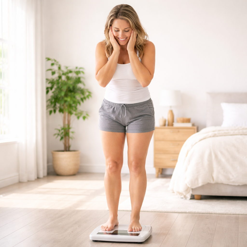 LeanBiome honest review user checking weight on digital scale