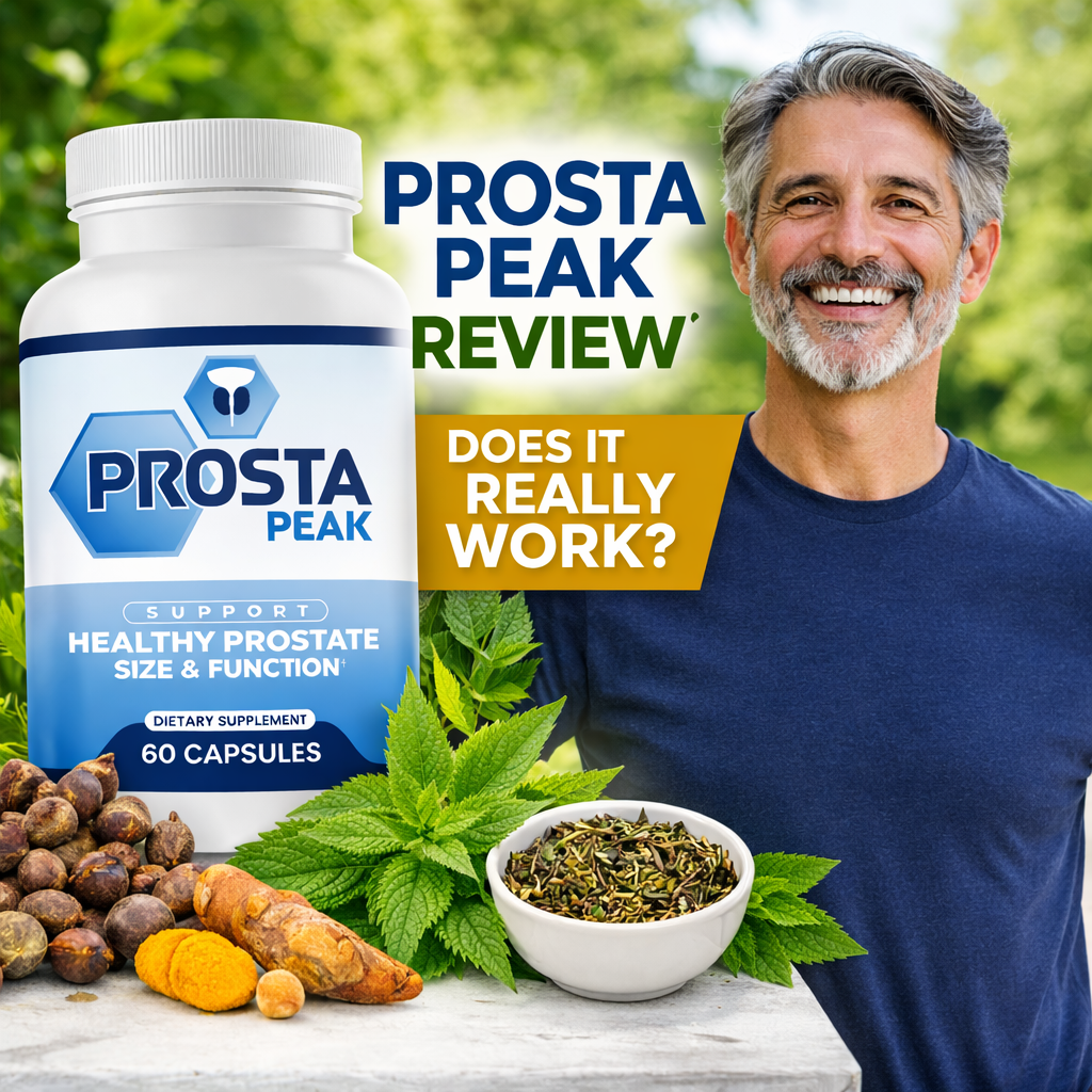 Prosta Peak supplement review featuring prostate support bottle, natural ingredients, and healthy middle-aged man