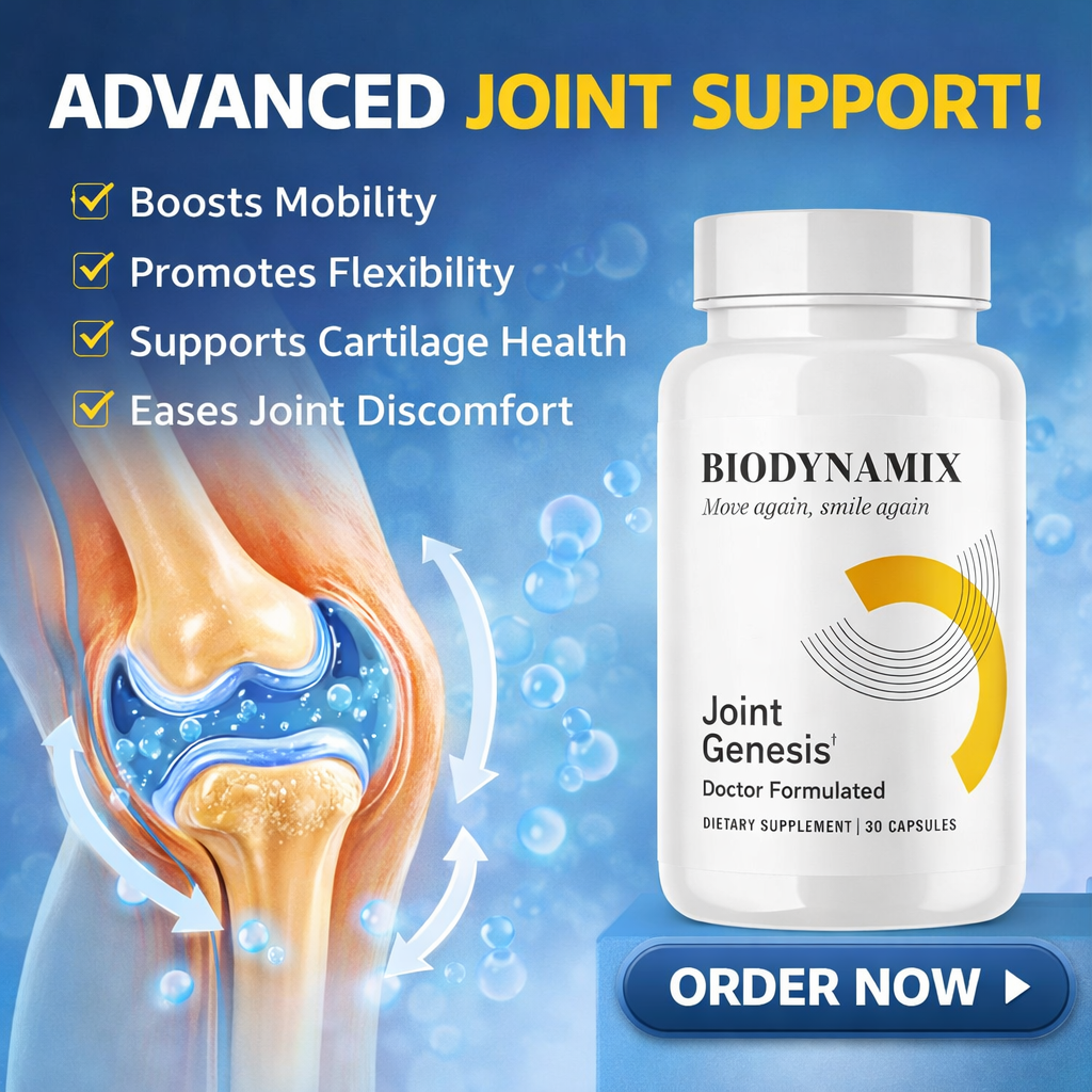 Joint Genesis joint health supplement bottle with synovial fluid knee illustration supporting mobility, flexibility, and cartilage health