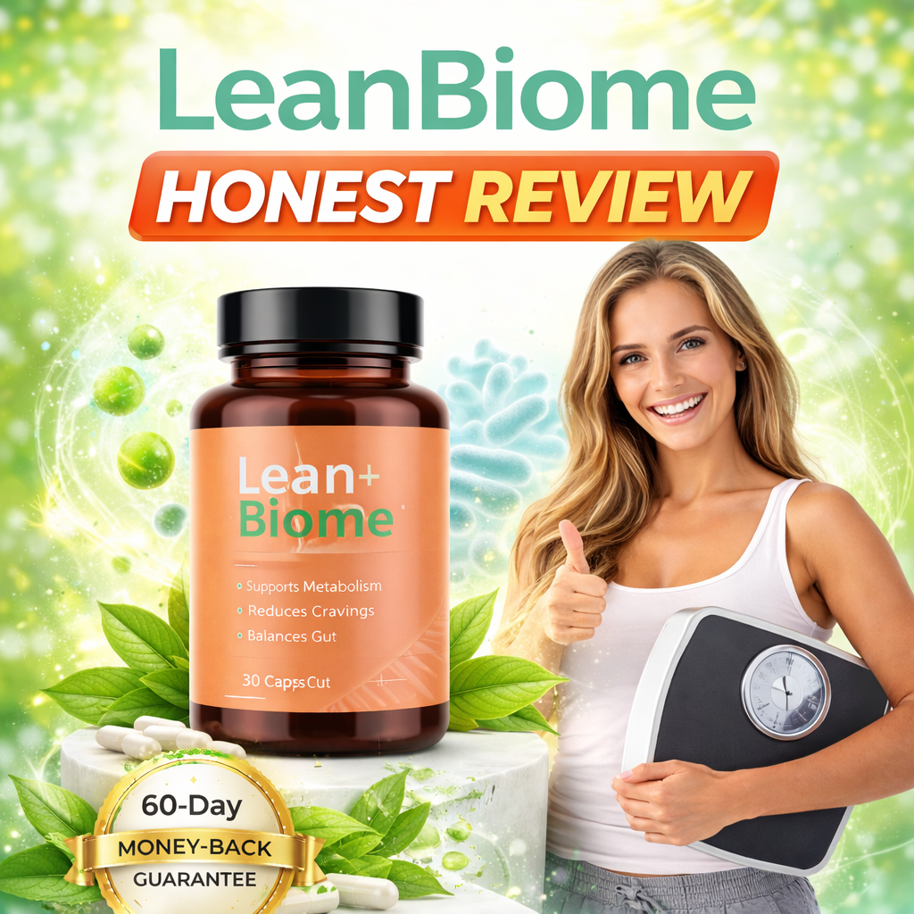 LeanBiome honest review featured image showing LeanBiome bottle, healthy woman with scale, green microbiome background, and 60-day money-back guarantee badge