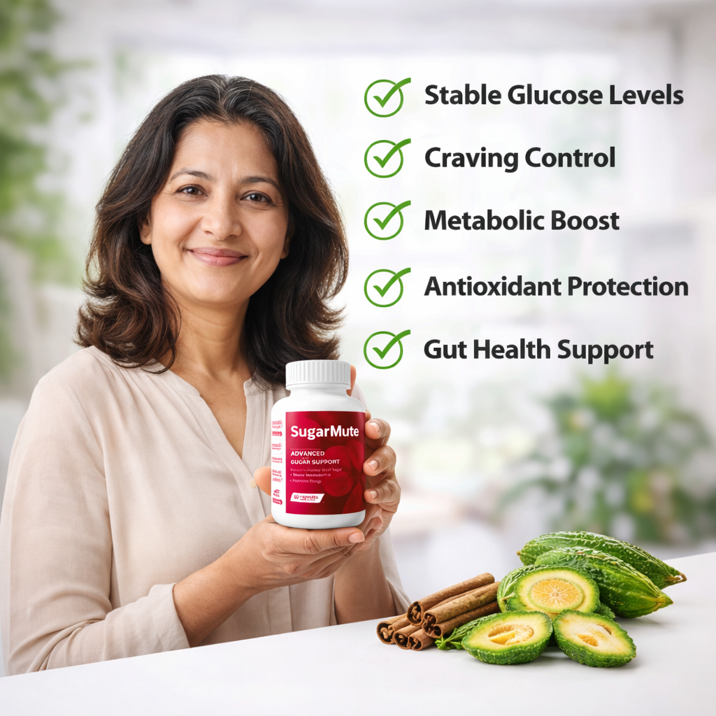 SugarMute review benefits image showing calm energy, stable blood sugar, and natural ingredients