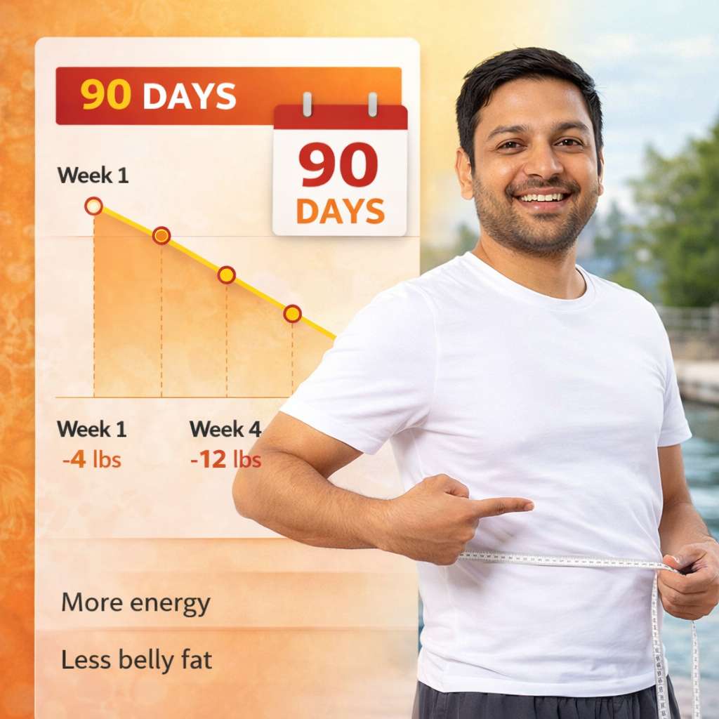HepatoBurn review 90 day results timeline showing fat loss progress and healthy lifestyle transformation