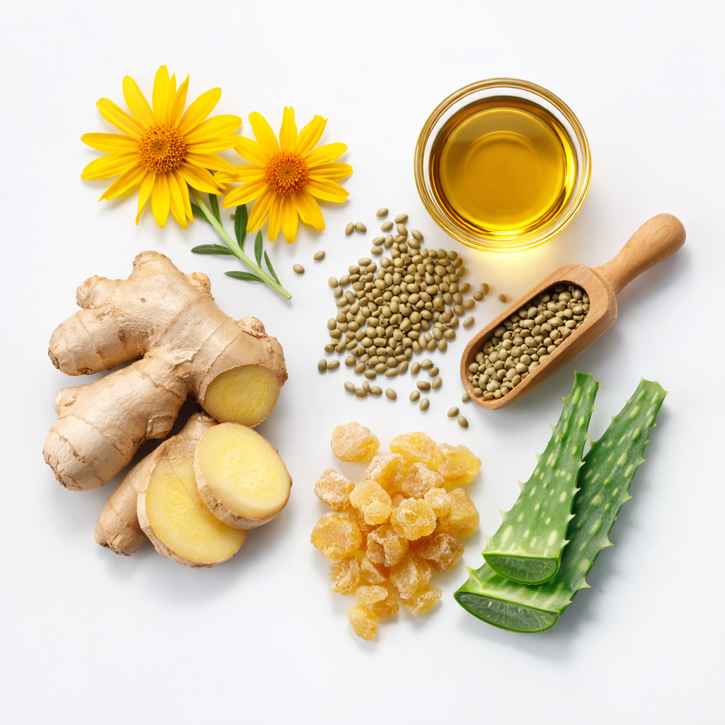 Natural ingredients in Balmorex Pro including arnica, ginger, boswellia, aloe vera for joint pain relief