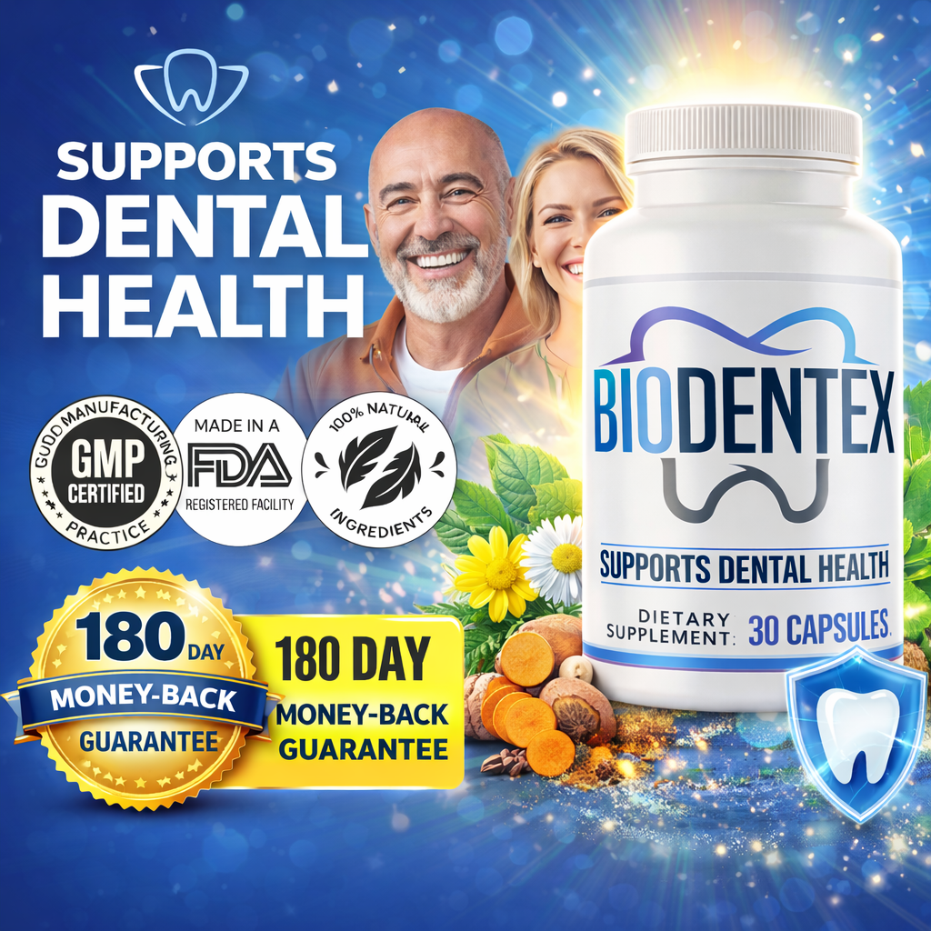 BioDentex supplement bottle supporting dental health with natural ingredients and 180-day money-back guarantee