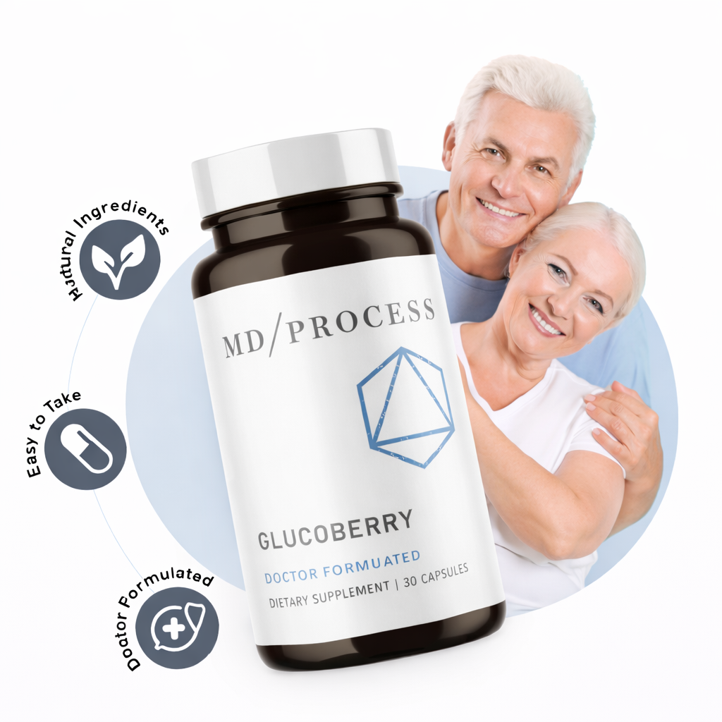 GlucoBerry blood sugar supplement bottle with happy healthy couple showing natural ingredients and doctor formulated support