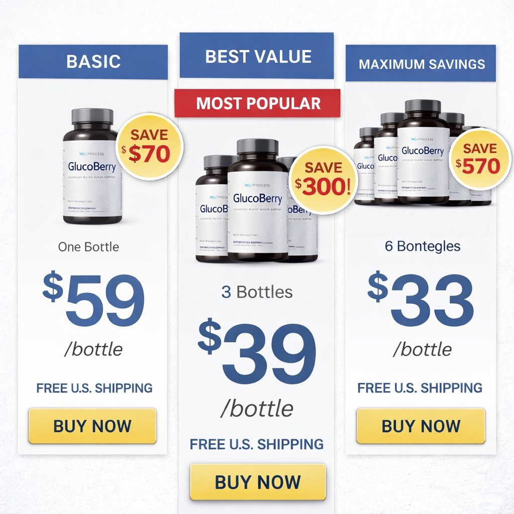 GlucoBerry pricing bundles showing 1, 3 and 6 bottle packages with discount badges and free shipping offers