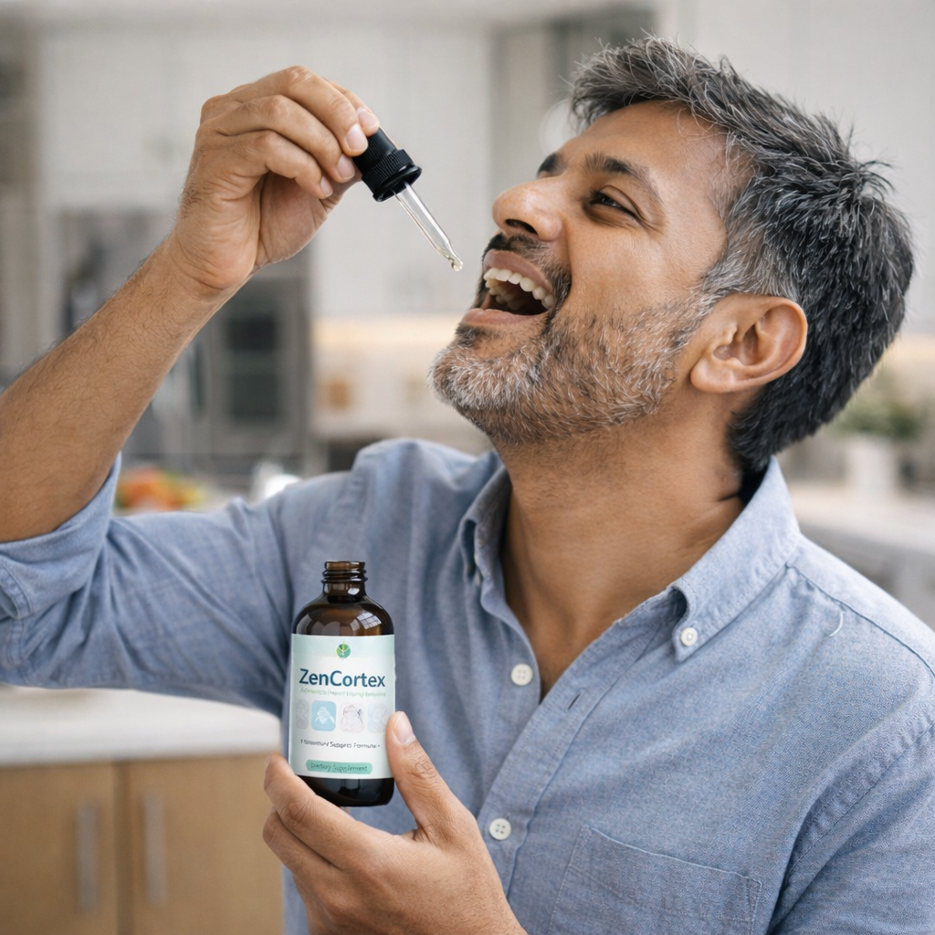 Man using ZenCortex liquid drops under tongue as daily hearing support routine