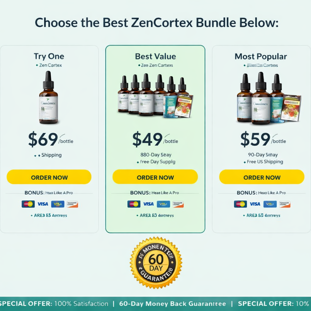 ZenCortex pricing comparison showing 1, 3, and 6 bottle packages with guarantee