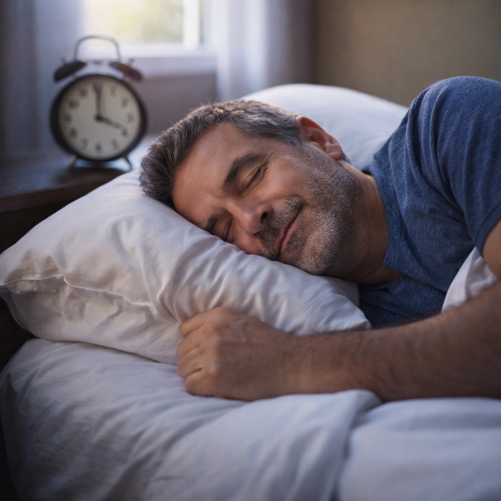 Protoflow review USA – middle-aged man sleeping peacefully through the night after prostate support