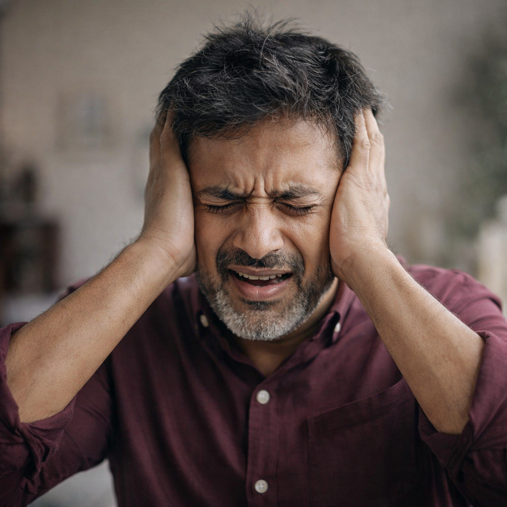 Frustrated Indian man suffering from tinnitus ear ringing before using ZenCortex