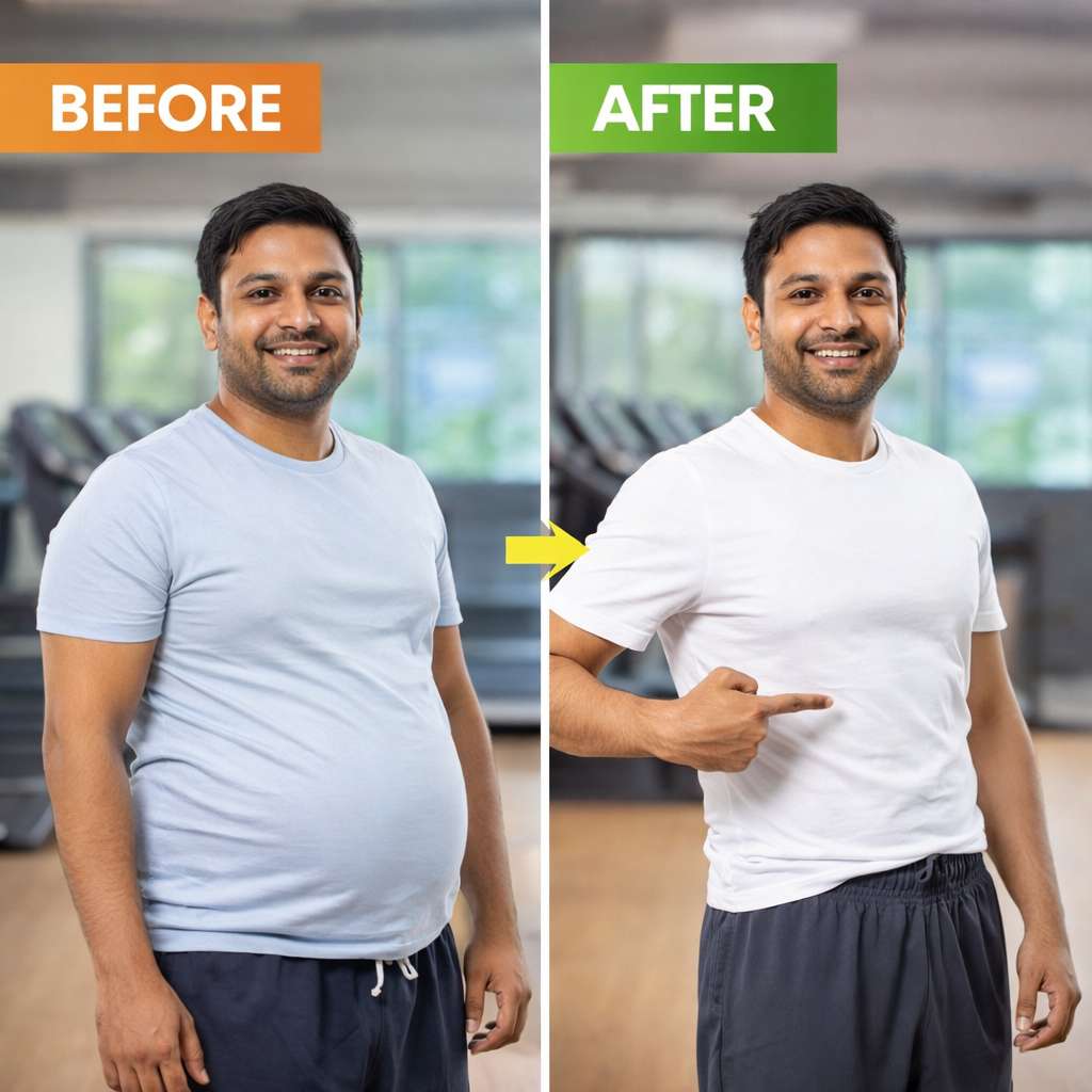 HepatoBurn review showing happy healthy man holding HepatoBurn bottle after fat loss results