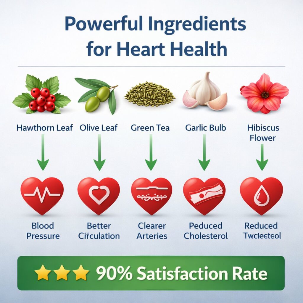 Cardio Shield ingredients infographic showing heart health benefits and 90 percent satisfaction