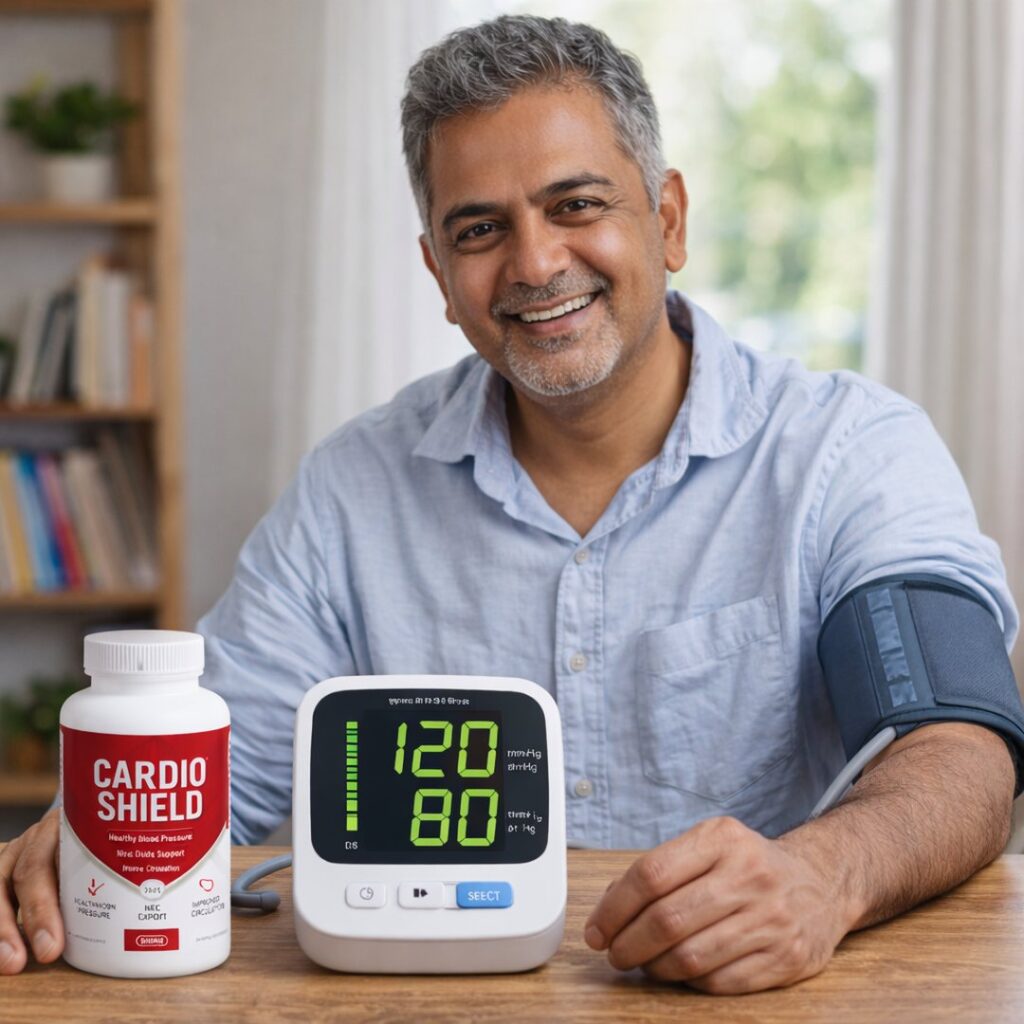 Cardio Shield review showing a man checking blood pressure naturally at home