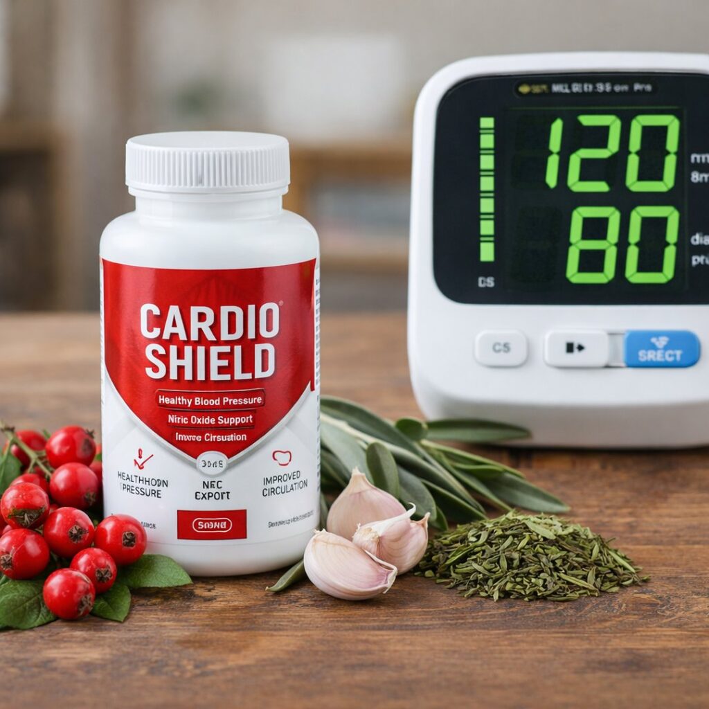 Cardio Shield supplement bottle with natural ingredients supporting healthy blood pressure