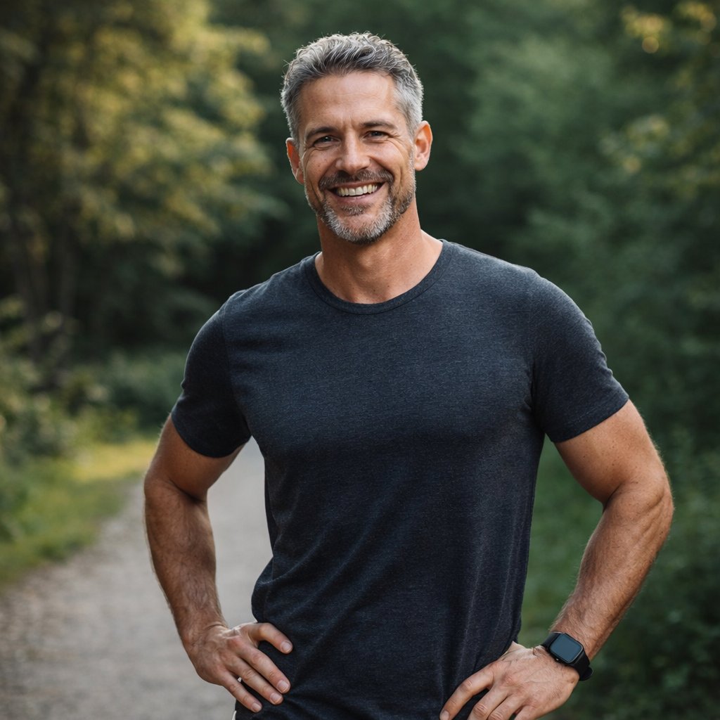 Confident man in his 40s showing improved energy and vitality after using EndoPeak supplement