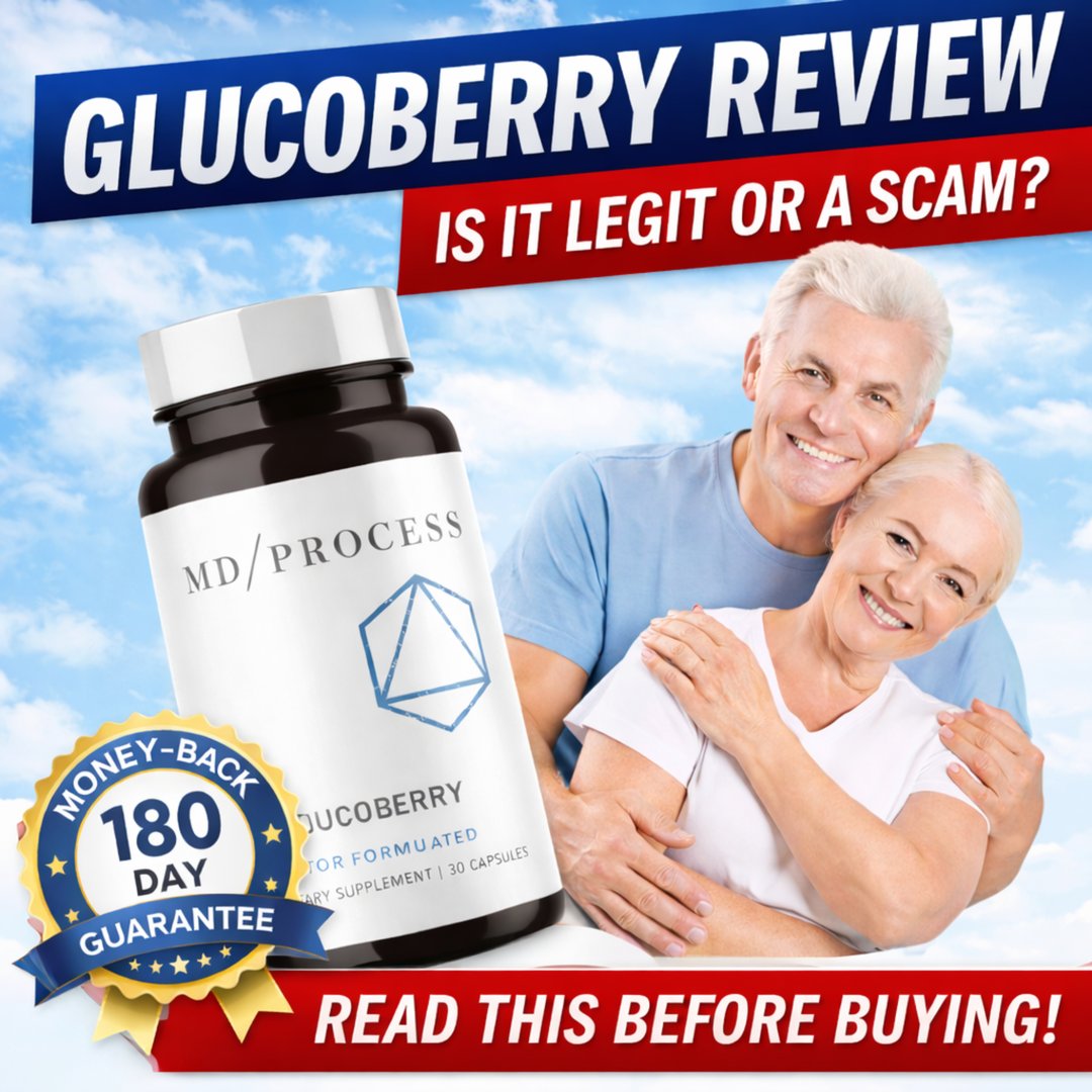 GlucoBerry review featured image showing blood sugar support supplement bottle with happy healthy couple and 180 day money back guarantee