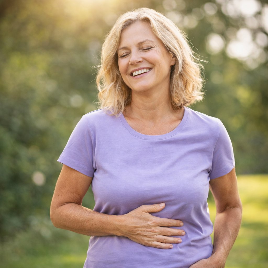 Happy middle-aged person experiencing digestion relief in GUT VITA™ review