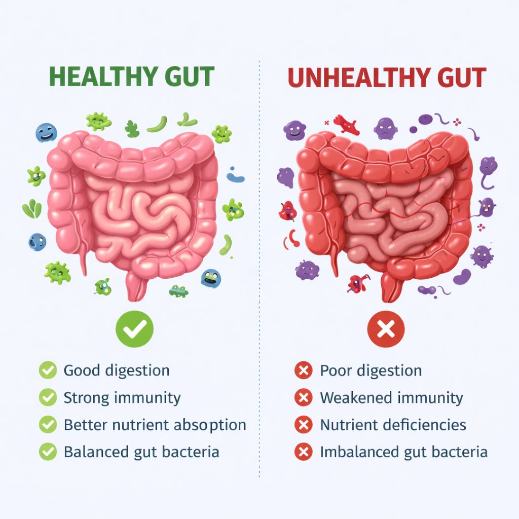 Healthy gut vs unhealthy gut comparison illustration in GUT VITA™ review