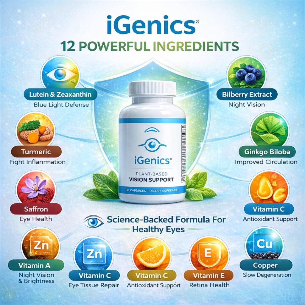 iGenics review ingredients infographic showing lutein zeaxanthin bilberry turmeric and eye health nutrients