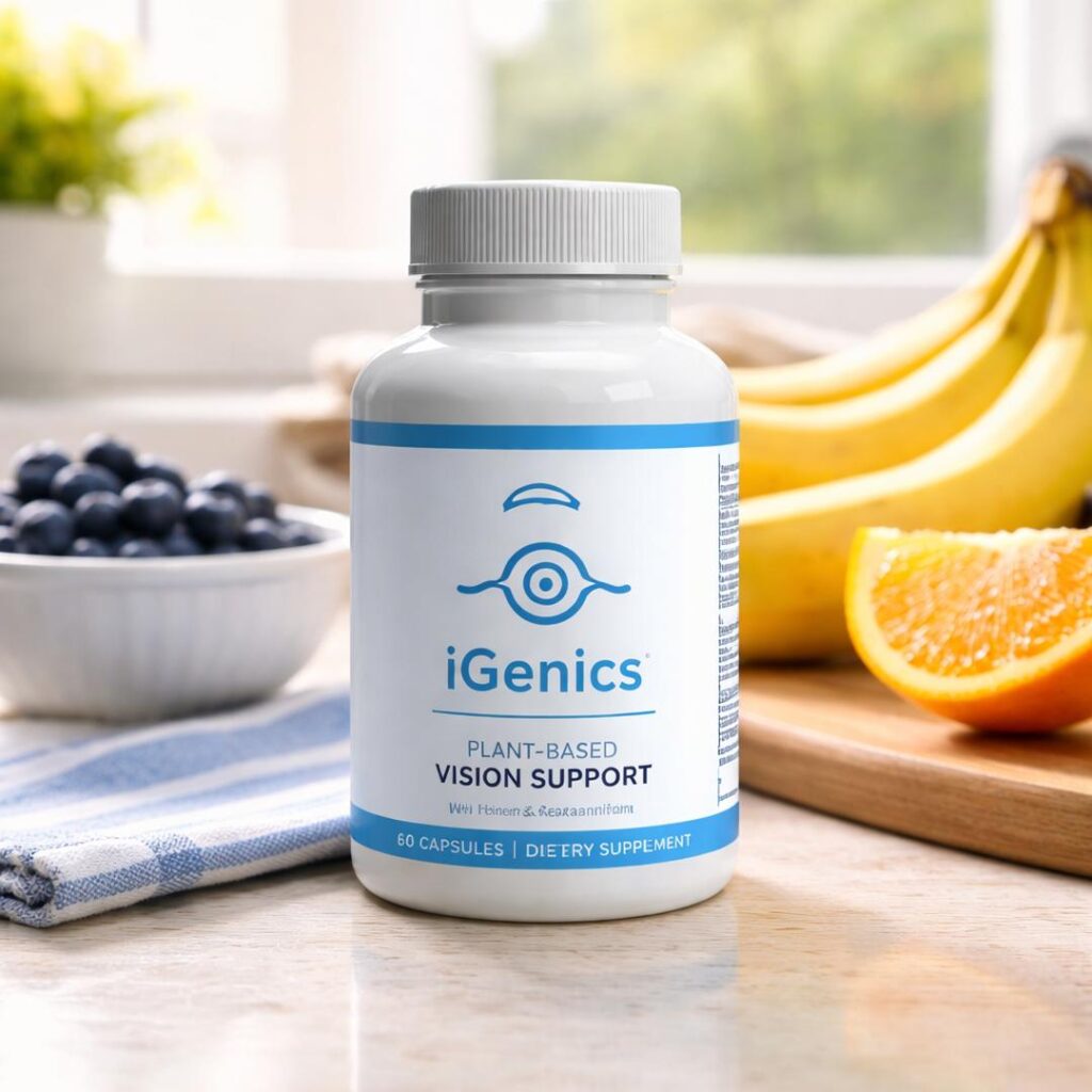 iGenics review natural vision supplement bottle on kitchen counter with fruits for daily eye health support