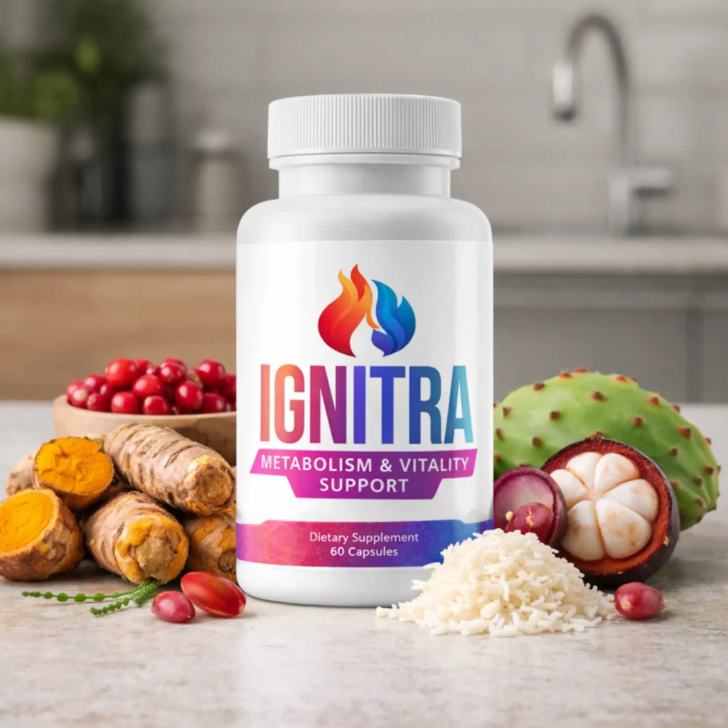 Ignitra supplement bottle with natural metabolism boosting ingredients like turmeric berberine and mangosteen