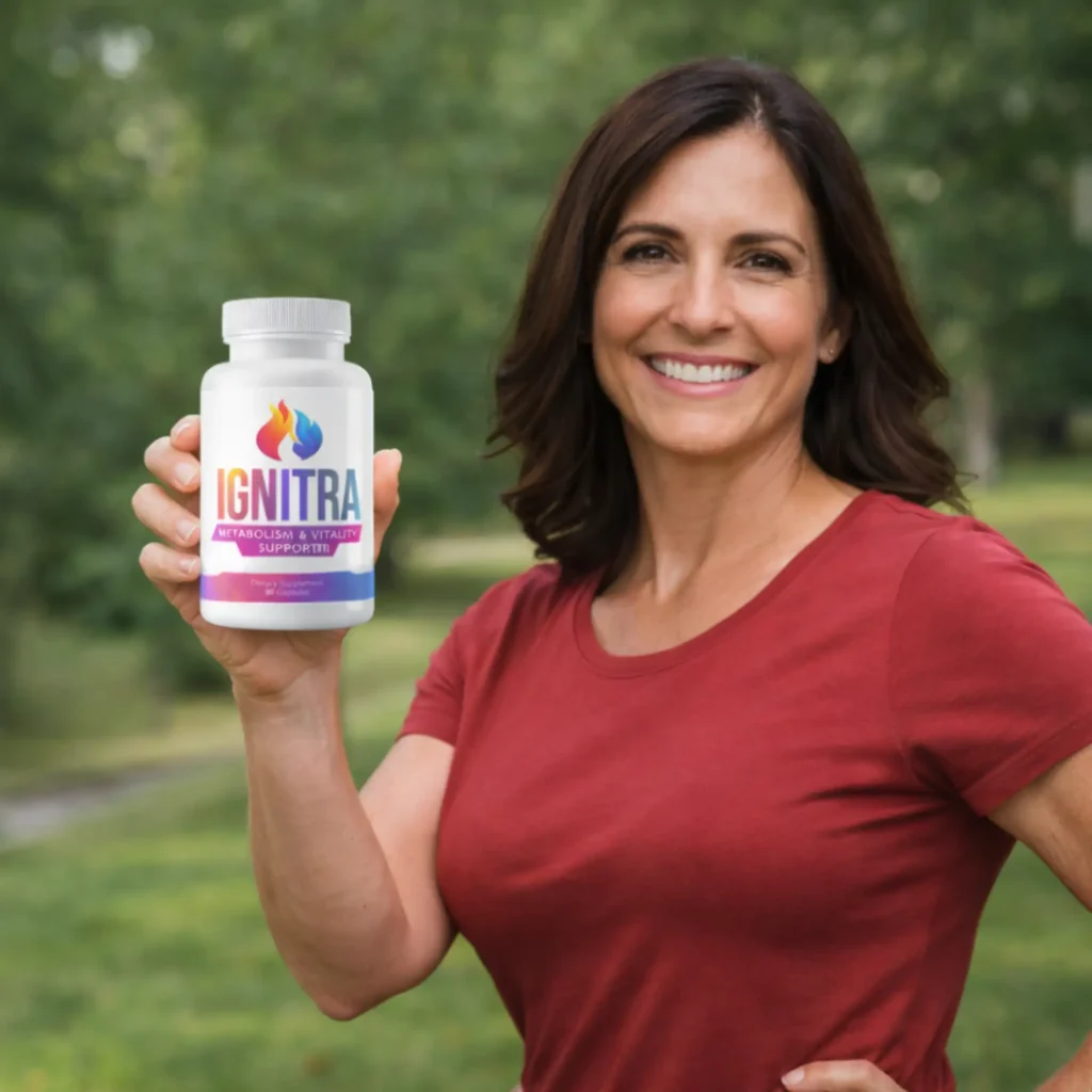 Ignitra review showing a healthy American woman after weight loss holding Ignitra bottle