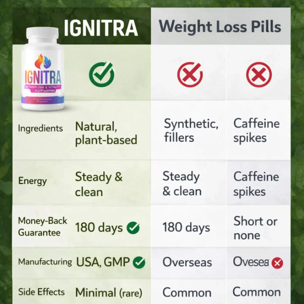 Ignitra vs weight loss pills comparison showing natural ingredients and no side effects