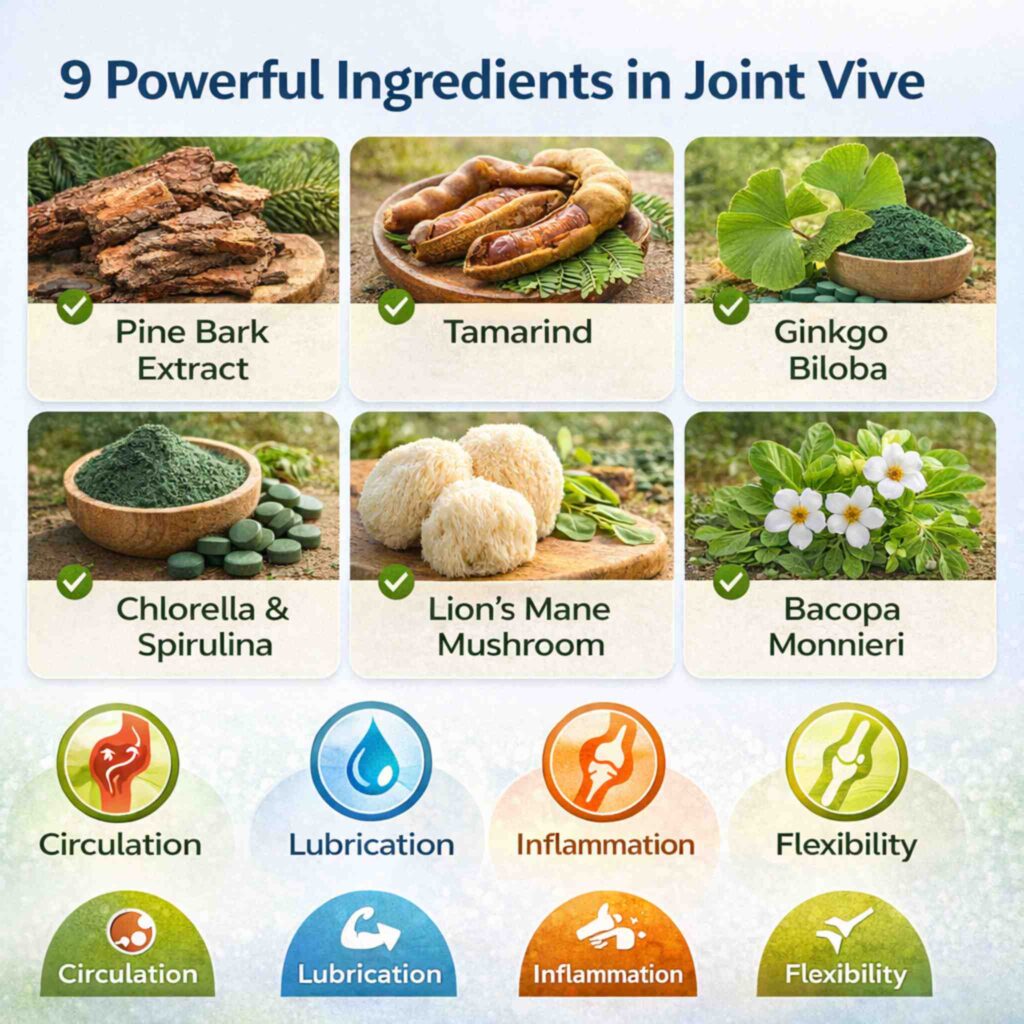 Joint Vive ingredients infographic showing natural compounds for circulation lubrication inflammation and flexibility