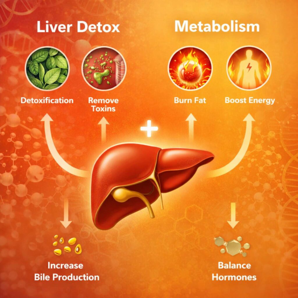 Liver detox and metabolism diagram showing fat burning and energy boost – HepatoBurn review