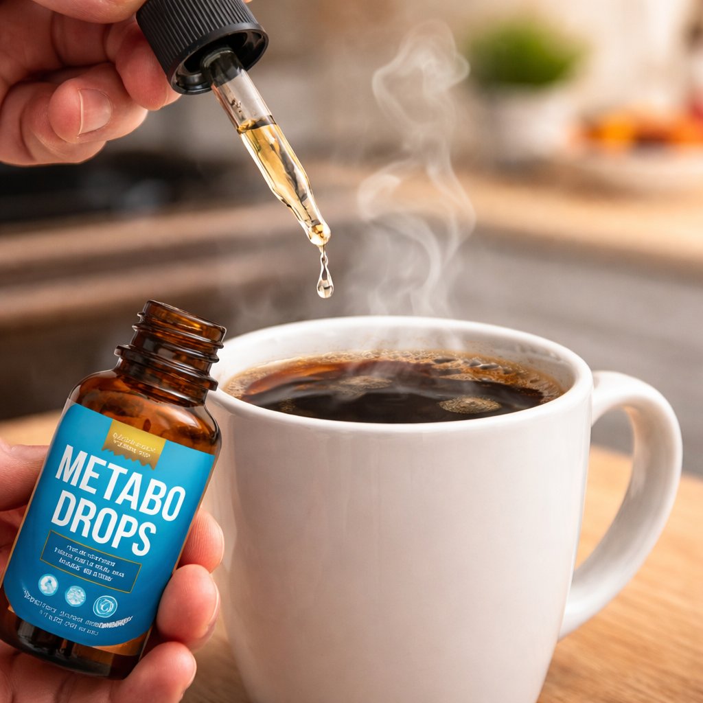 Metabo Drops being added to hot coffee showing how to use Metabo for weight loss and metabolism boost