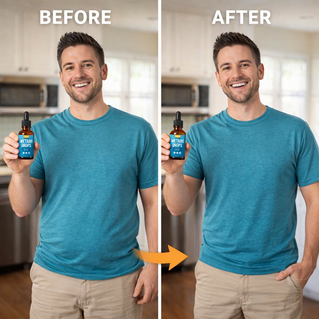 Metabo review before and after weight loss results showing a slimmer figure and Metabo Drops bottle
