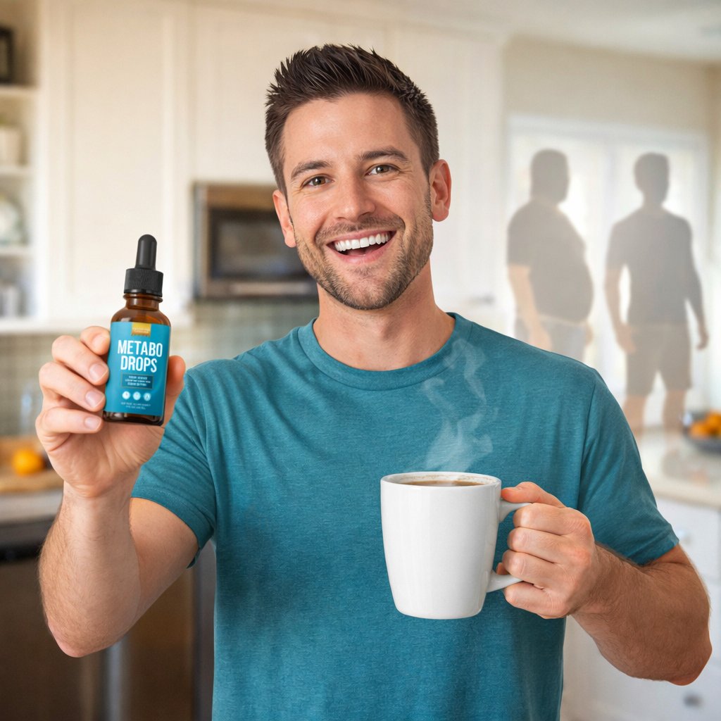 Metabo review showing a happy person holding Metabo Drops beside a steaming coffee cup for natural weight loss and metabolism boost