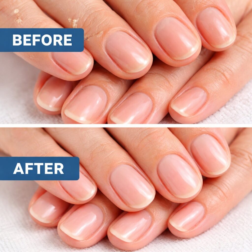Metanail Complex before and after nail results showing healthy shiny pink nails and smooth cuticles