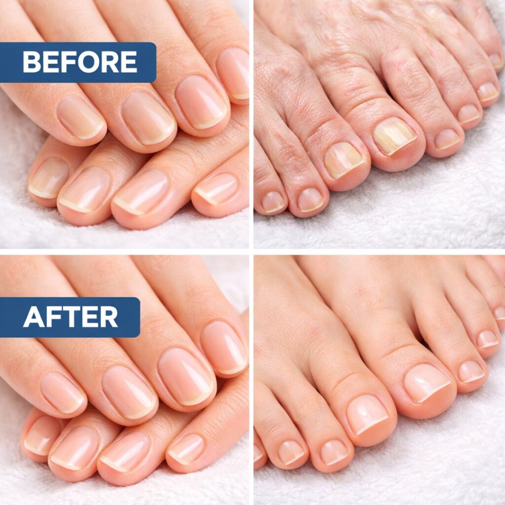 Metanail Complex before and after nails and feet results showing clear toenails, smooth skin and healthy cuticles