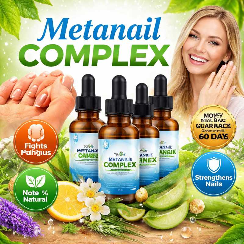 Metanail Complex nail fungus serum featured image showing healthy nails, natural ingredients and money back guarantee