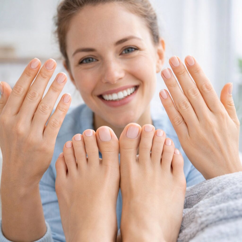 Smiling person showing healthy hands and feet after using Metanail Complex nail fungus serum