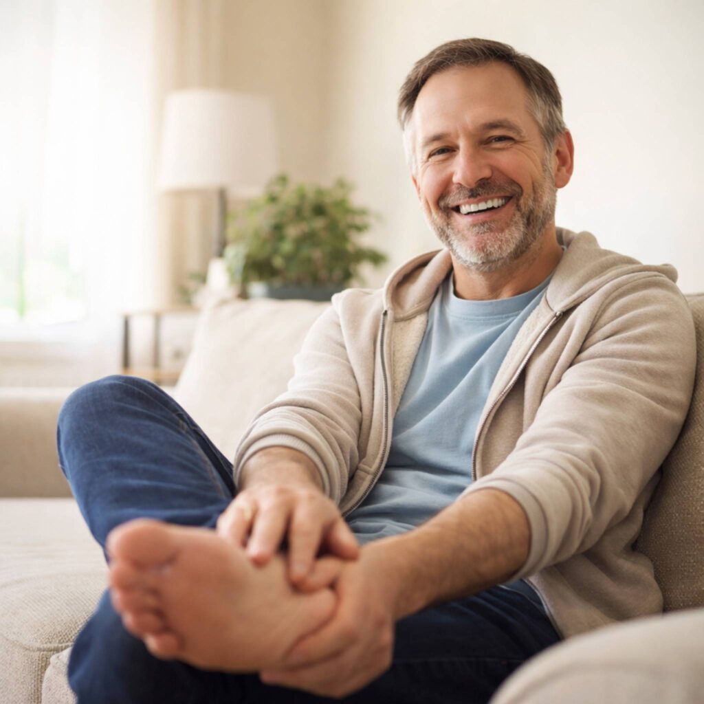 Nerve Armor review showing middle-aged man relieved from nerve pain at home