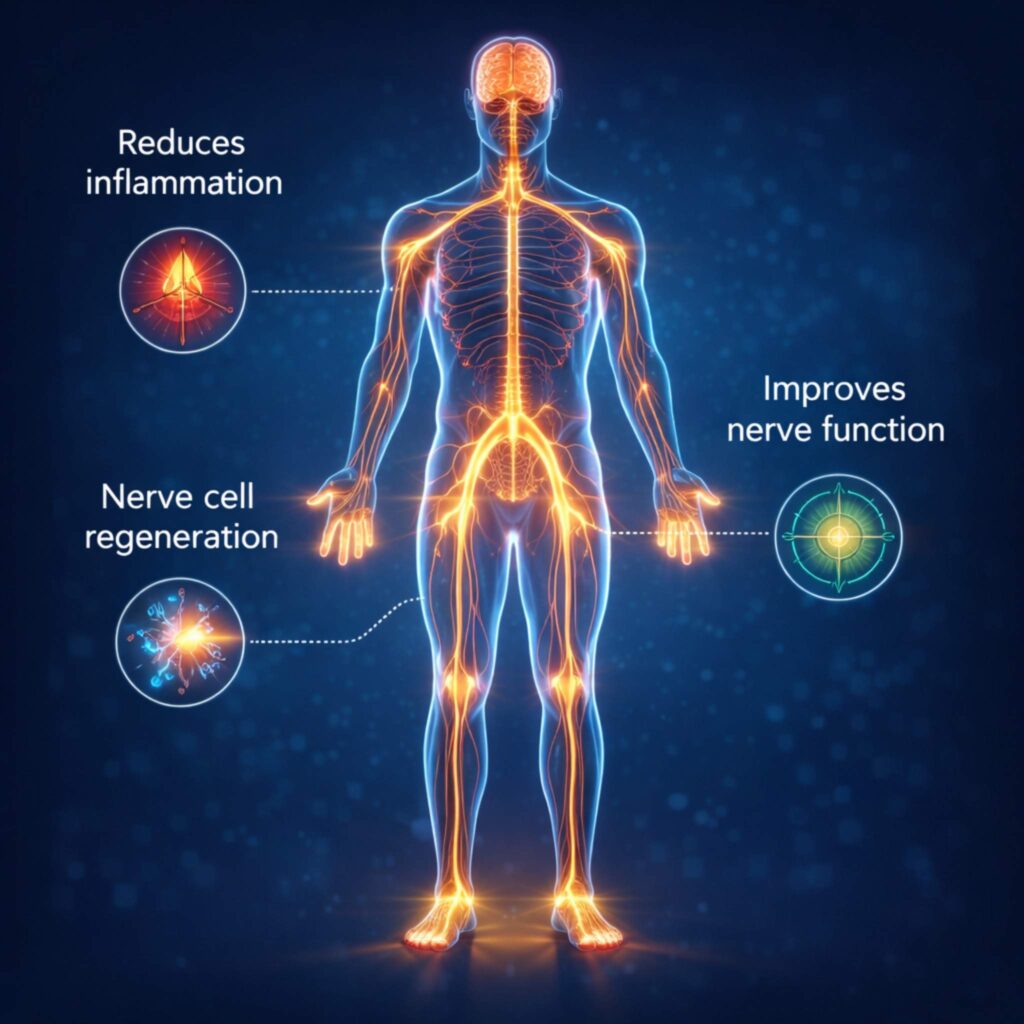 Nerve Armor review illustration showing healthy nervous system and nerve regeneration