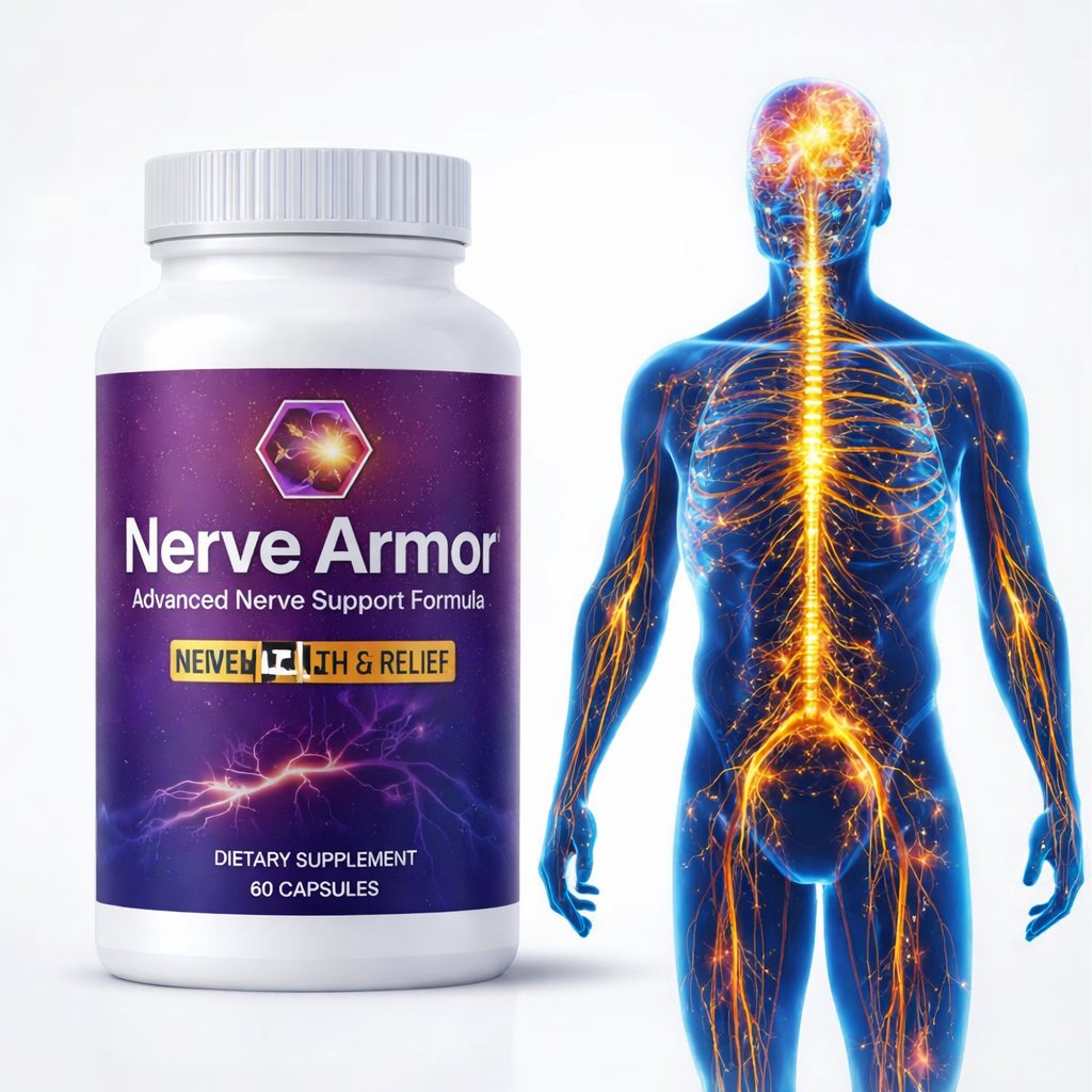 Nerve Armor supplement bottle showing nerve health support with glowing human nervous system