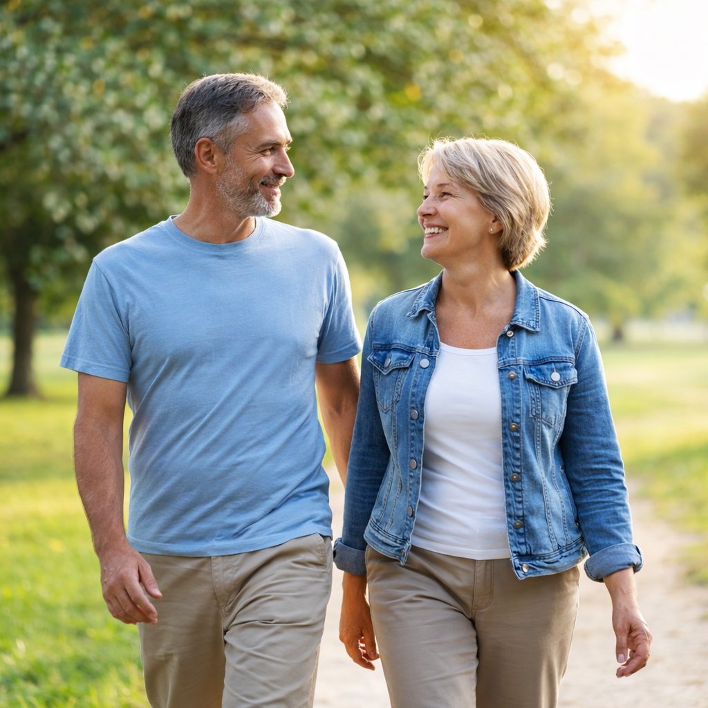 Middle-aged person walking comfortably in a park after nerve pain relief