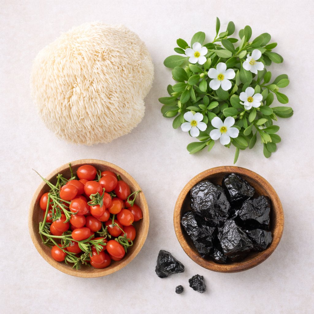 Neura review showing natural brain support ingredients Lion’s Mane Bacopa Goji berries and Shilajit