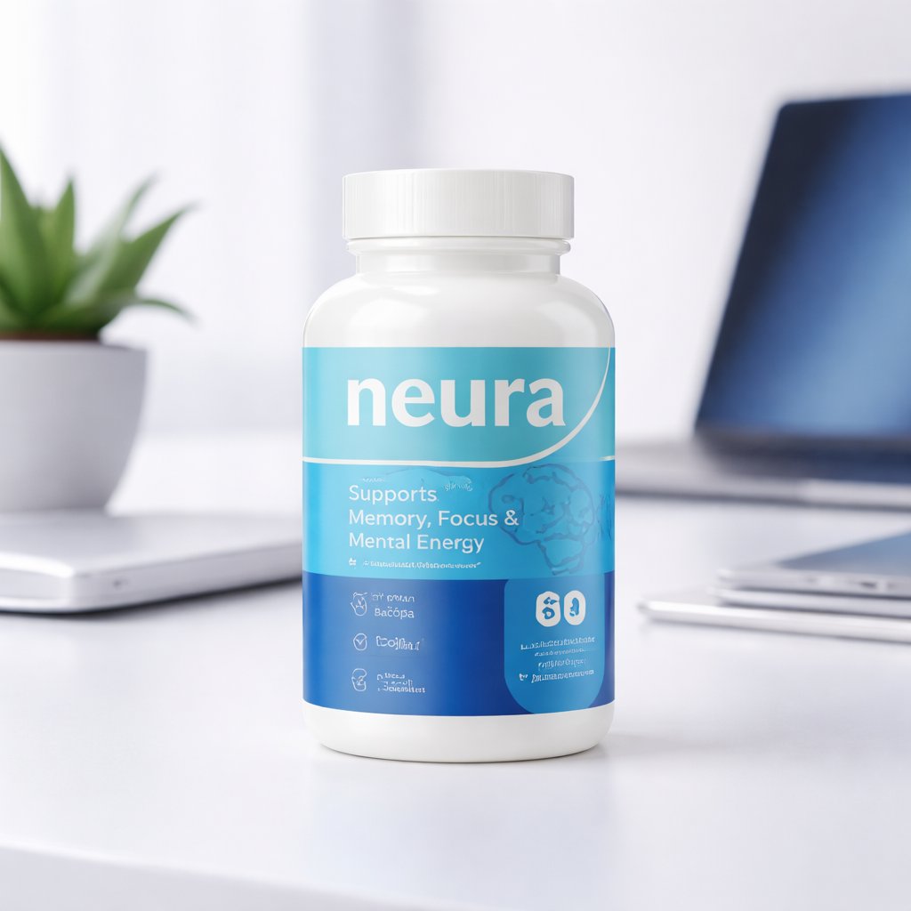 Neura review showing brain support supplement bottle designed to help improve focus memory and mental clarity