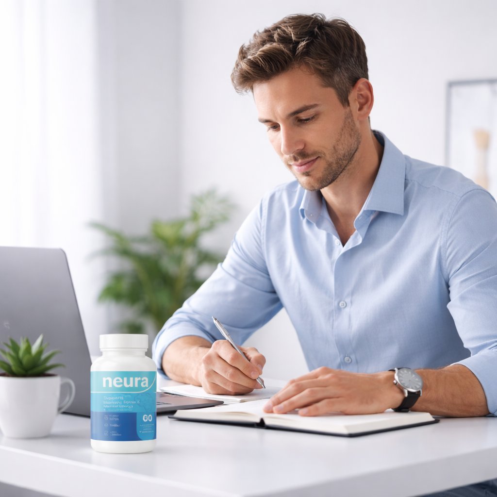 Neura review showing a focused professional working with clarity and calm after using Neura brain support supplement