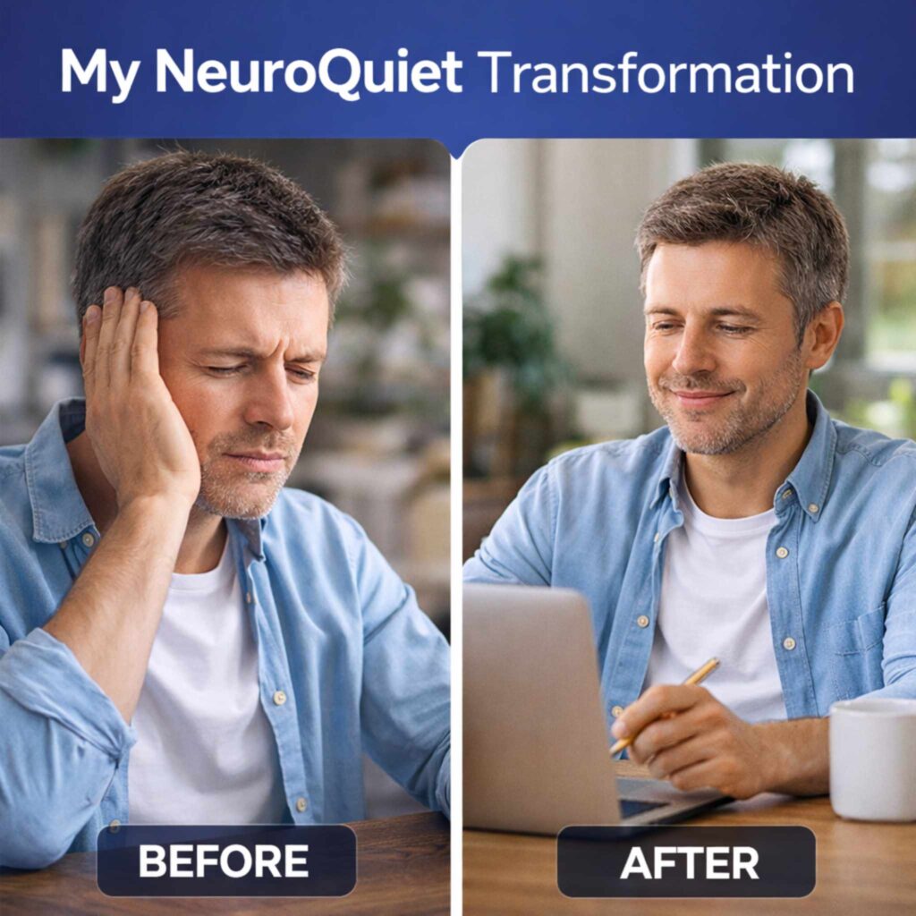 NeuroQuiet before and after results showing tinnitus relief and improved focus