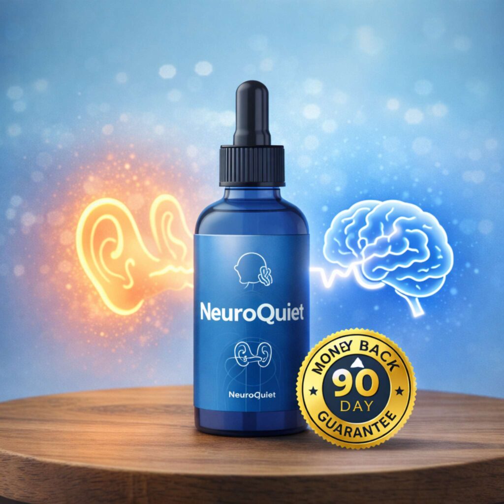 NeuroQuiet supplement bottle showing how it works for tinnitus relief and brain health