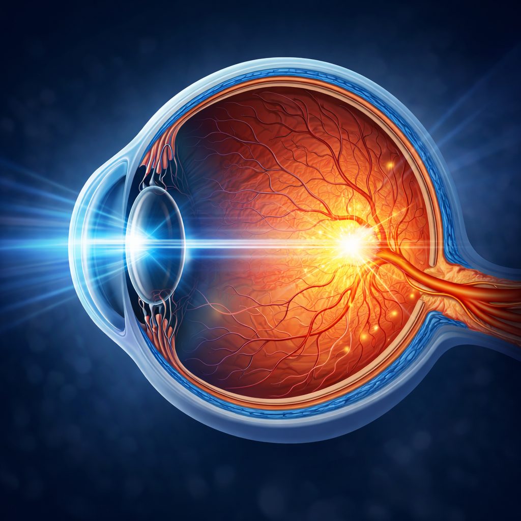 Digital illustration of eye anatomy showing retina and optic nerve health
