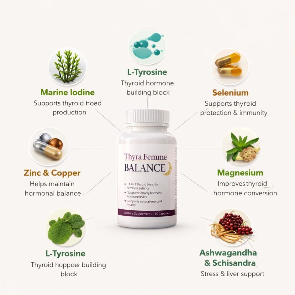 Thyra Femme Balance ingredients including ashwagandha, kelp and selenium
