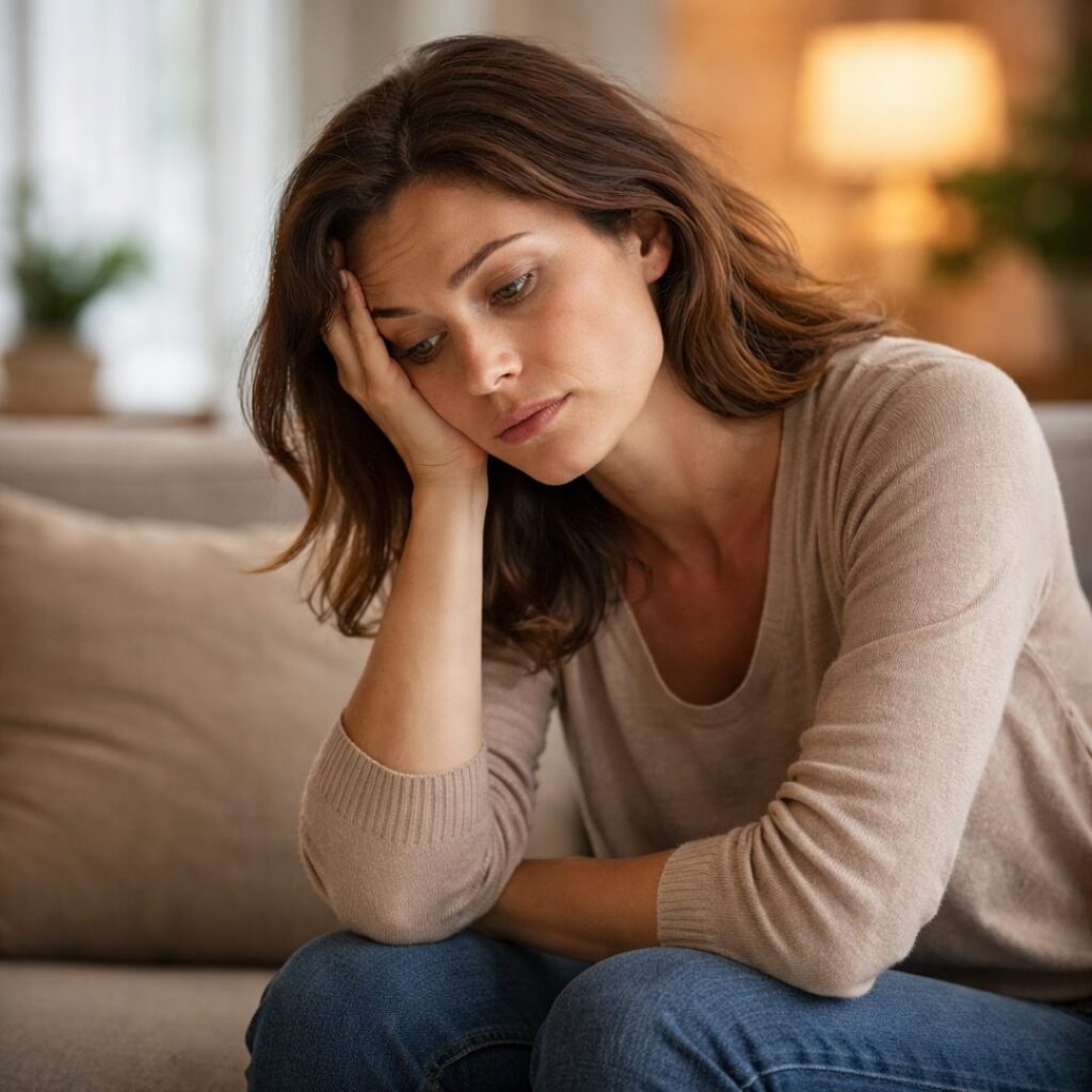 Woman experiencing thyroid imbalance symptoms such as fatigue and stress
