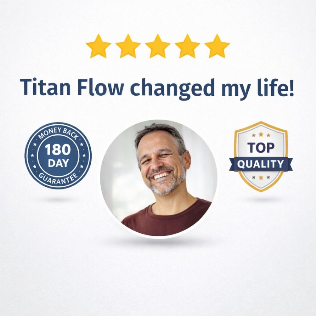 Titan Flow reviews showing 5 star customer testimonial and money back guarantee